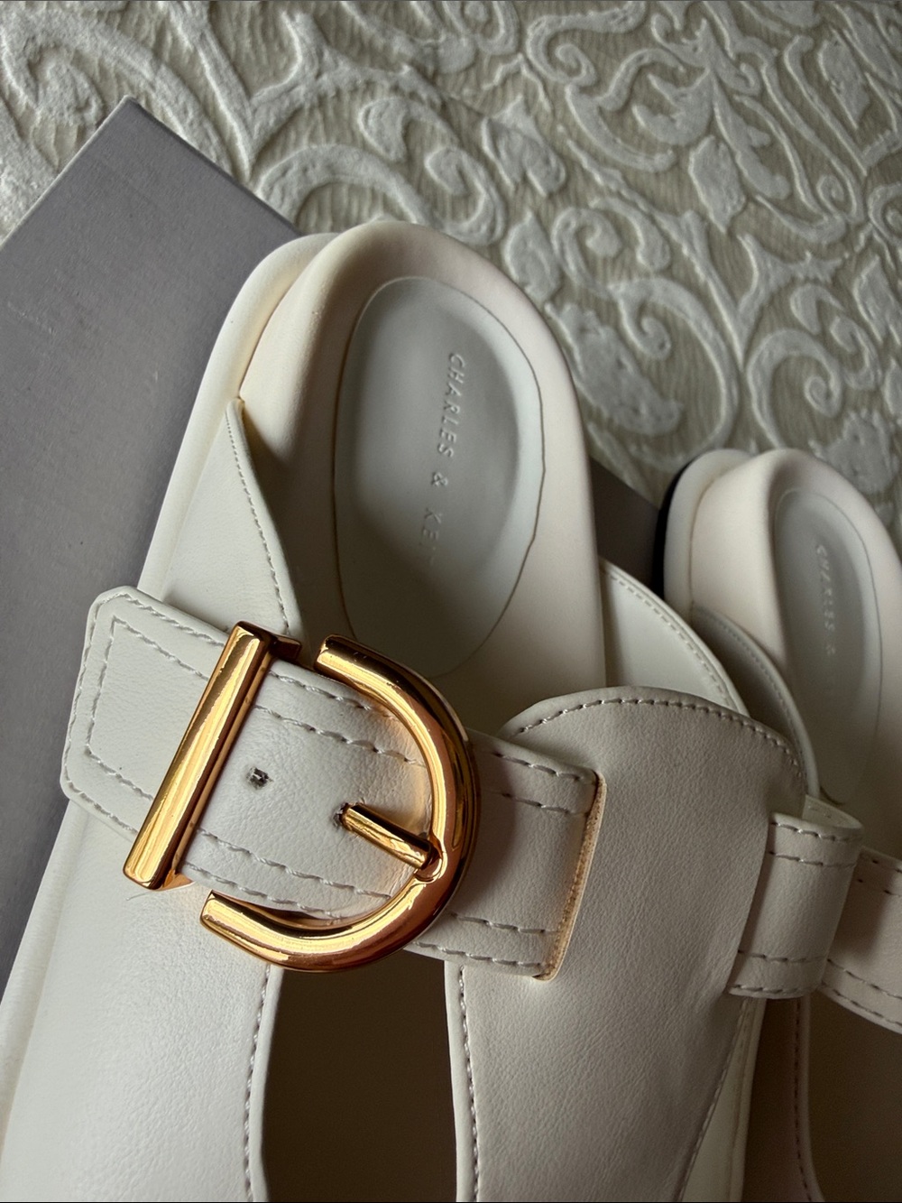 Charles & Keith Cream Slide Sandals with Gold Buckles - Picture 4 of 7